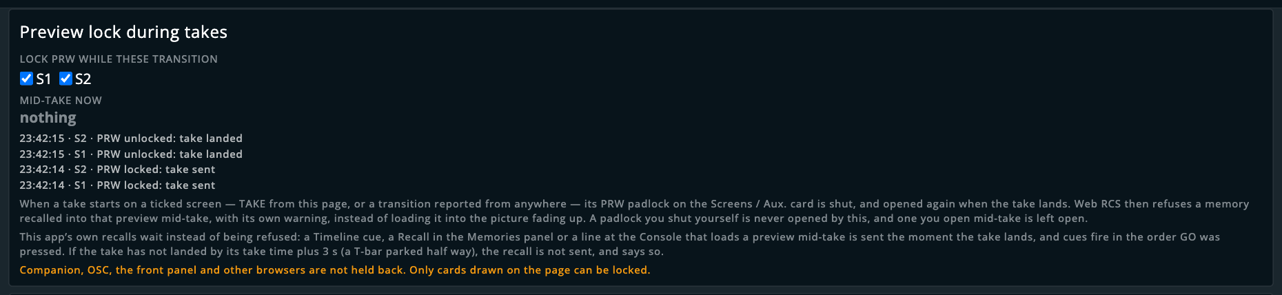 The Preview lock card after a take on S1 and S2: both screens ticked, nothing mid-take now, and each screen’s PRW locked as the take was sent and unlocked when it landed