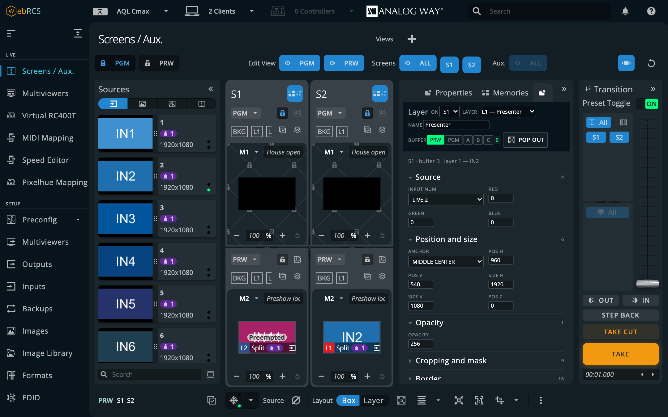 The Layer tab: S1, layer 1, named “Presenter”, its PRW buffer resolved, source, position and size, and opacity