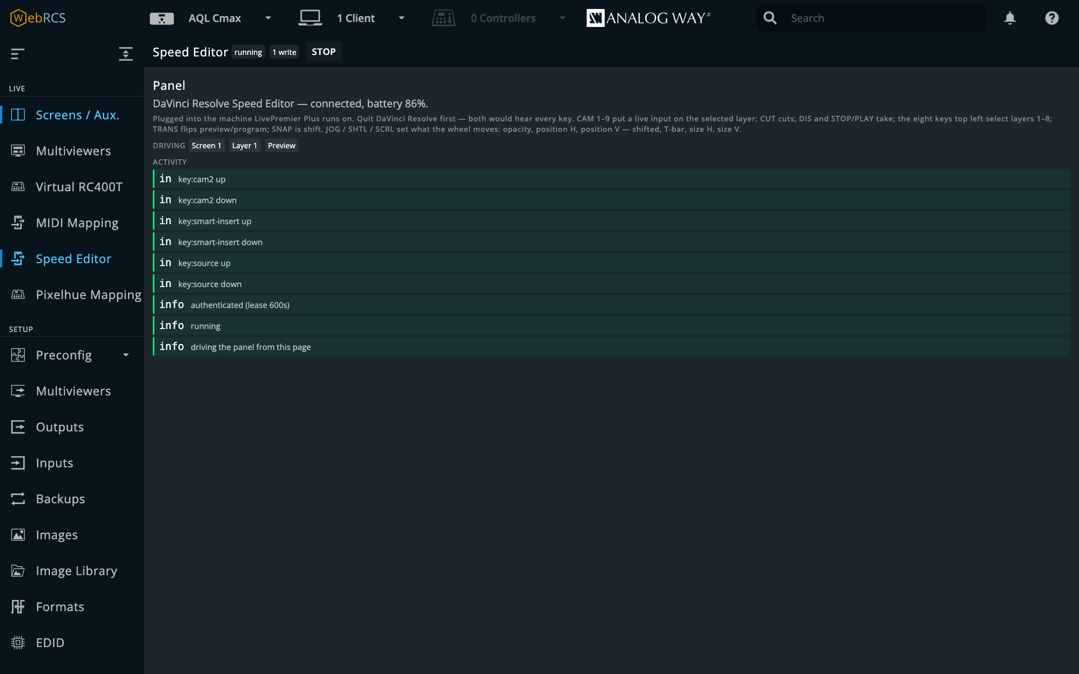 The Speed Editor page, running: the panel connected with its battery at 86 %, driving screen 1, layer 1, preview, one write sent, and the activity list with the handshake and three keys