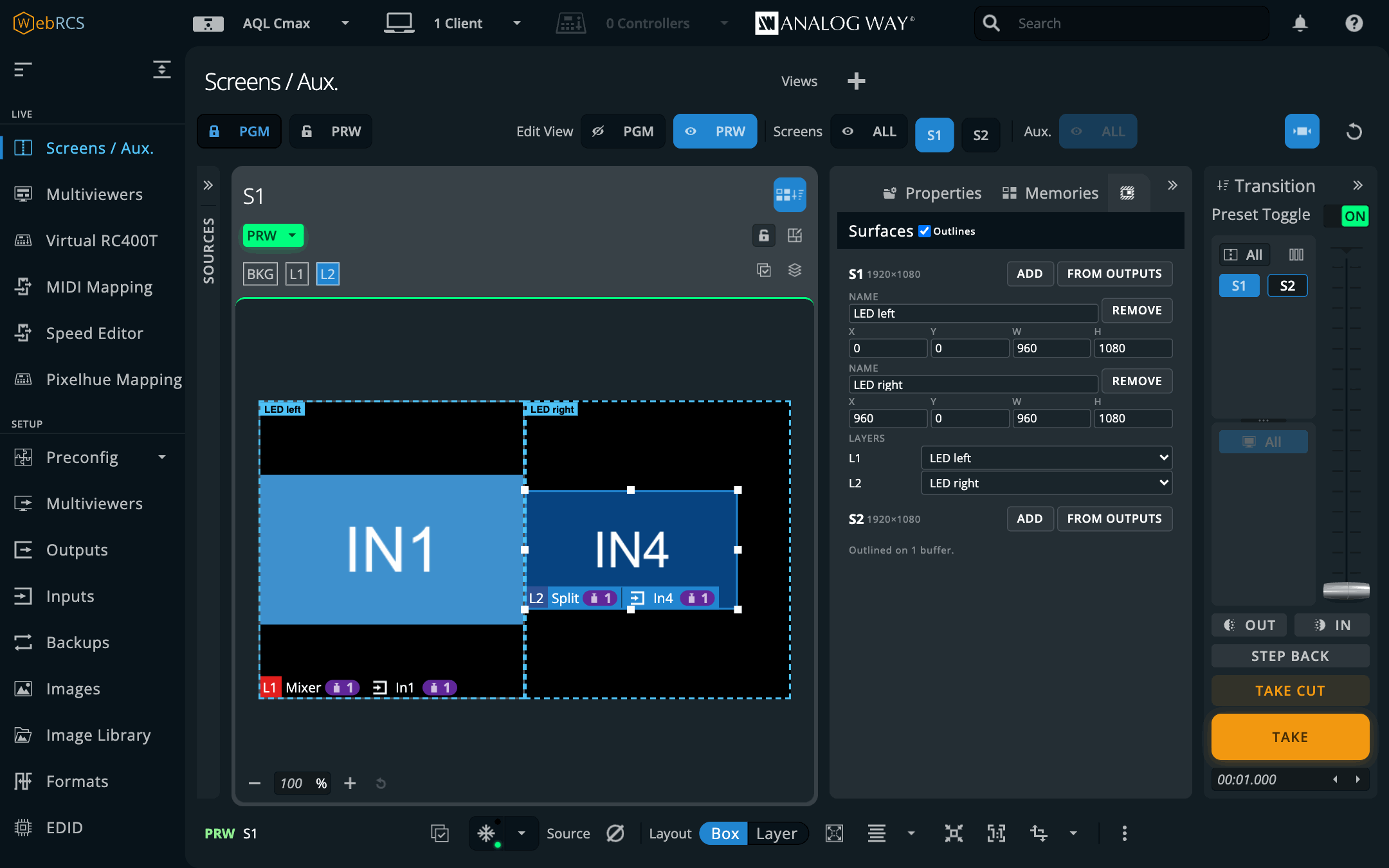 Screens / Aux. with only S1’s PRW showing and the Surfaces tab open: LED left and LED right as dashed outlines on the card, IN1 on L1 filling LED left, and IN4 on L2 inside LED right, selected with its handles over the outline