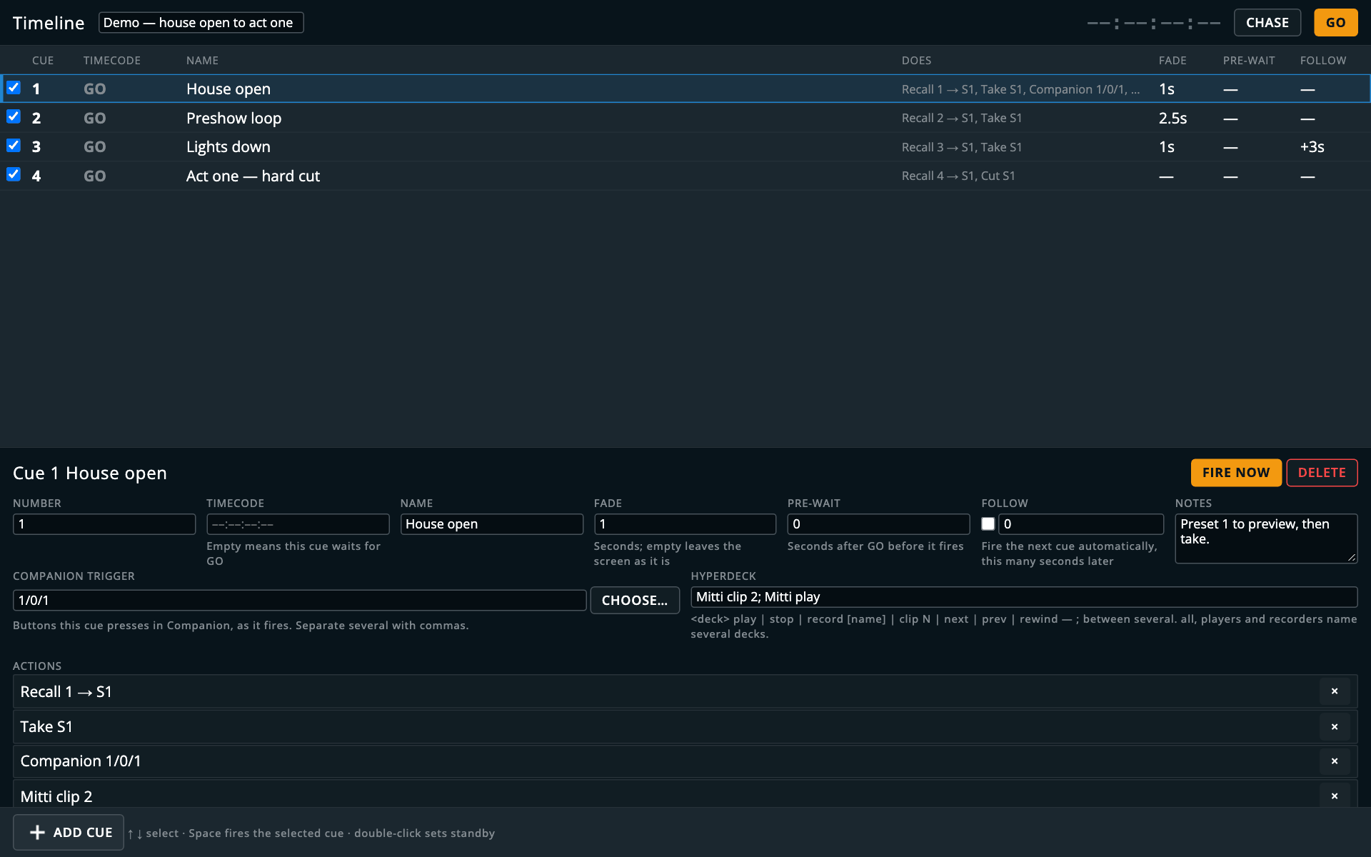 The Timeline popped out, cue 1 selected: its fade, pre-wait, follow and notes, a Companion trigger of 1/0/1, “Mitti clip 2; Mitti play” in the HyperDeck field, and its two actions