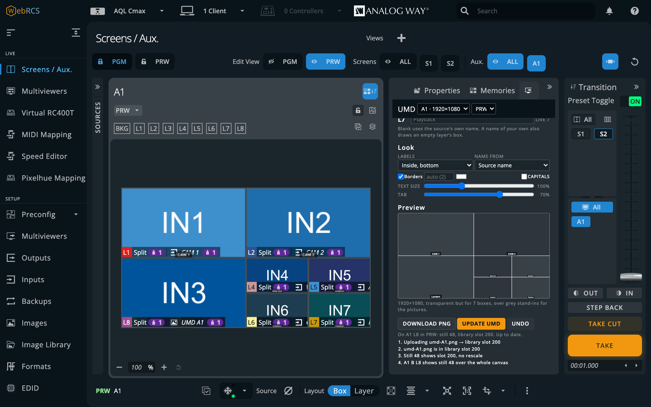 Screens / Aux. with only A1’s PRW showing and the UMD tab open: A1 laid out as Three and four, IN1 to IN7 on L1 to L7 and L8 carrying the UMD still; the tab shows the look, a preview of the borders and the CAM 1, CAM 2, Lectern, Wide shot, Audience, Graphics and Playback tabs, Update UMD, and the four steps that put it on L8