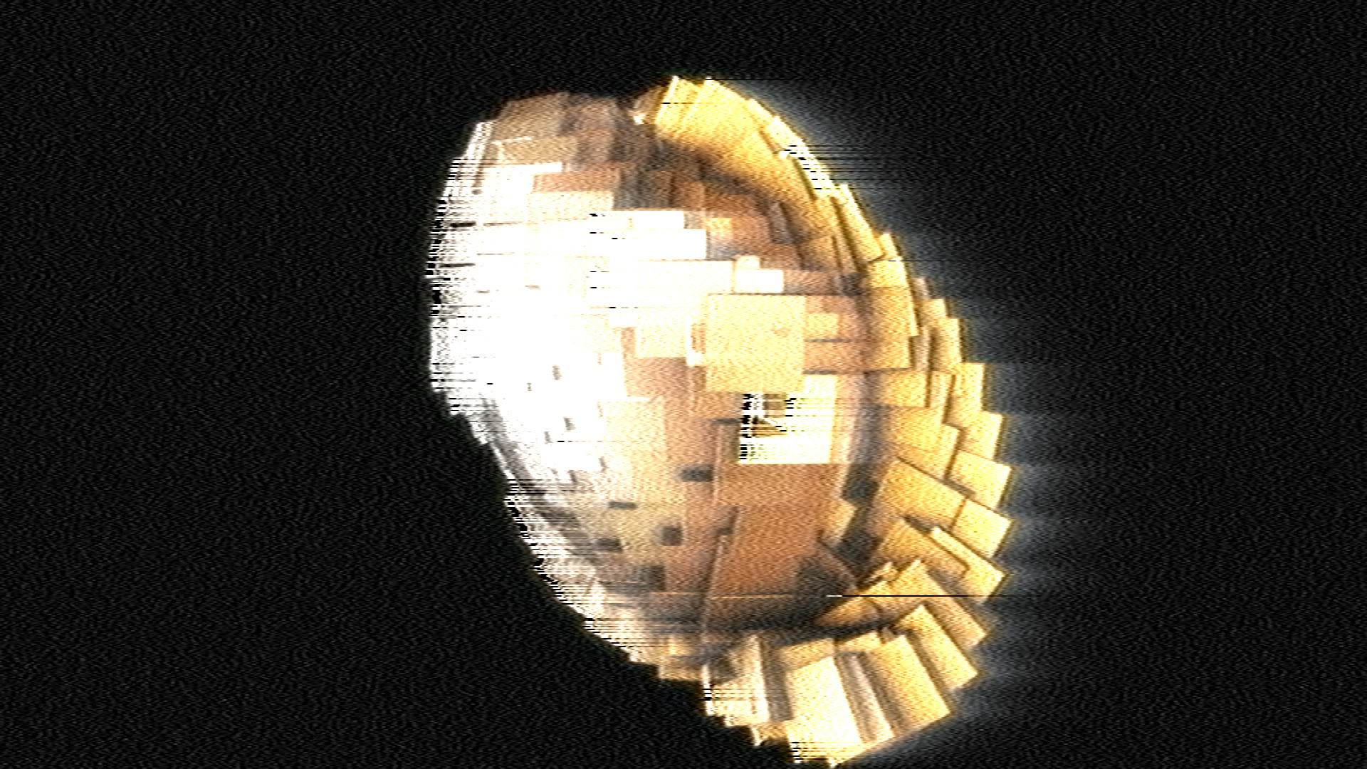 Resolume’s demo clip Metalive through a Video8 deck playing a Hi8 tape: a gold head of panels, its lit side blown to white and breaking into black sparkle, a glow trailing to the right of every bright edge, a few black streaks, and grey grain where the black should be