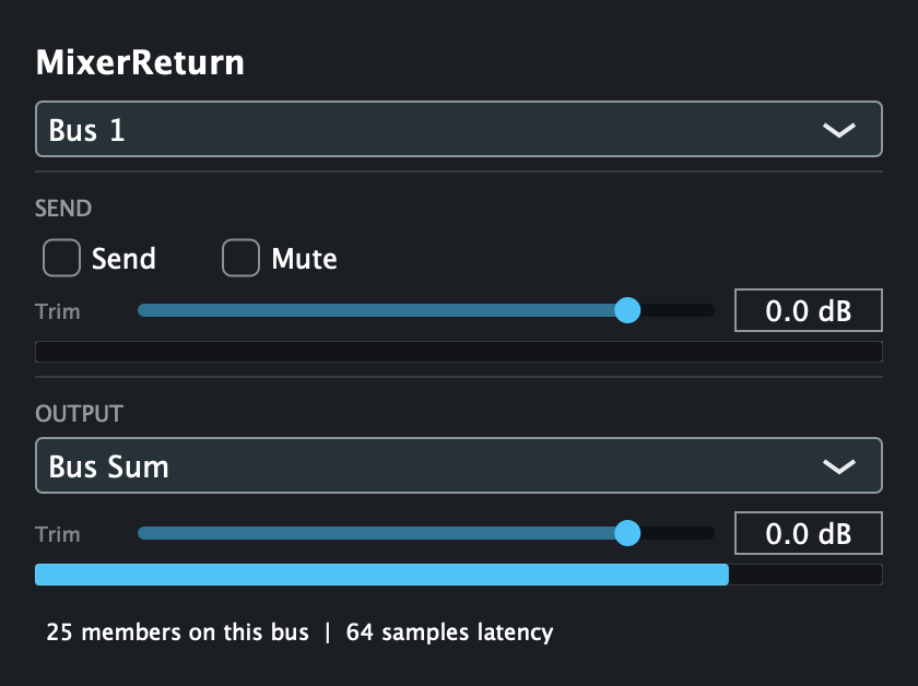 The return instance: Send disabled, Output set to Bus Sum with the output meter showing the summed level, 25 members on the bus, and 64 samples of latency.