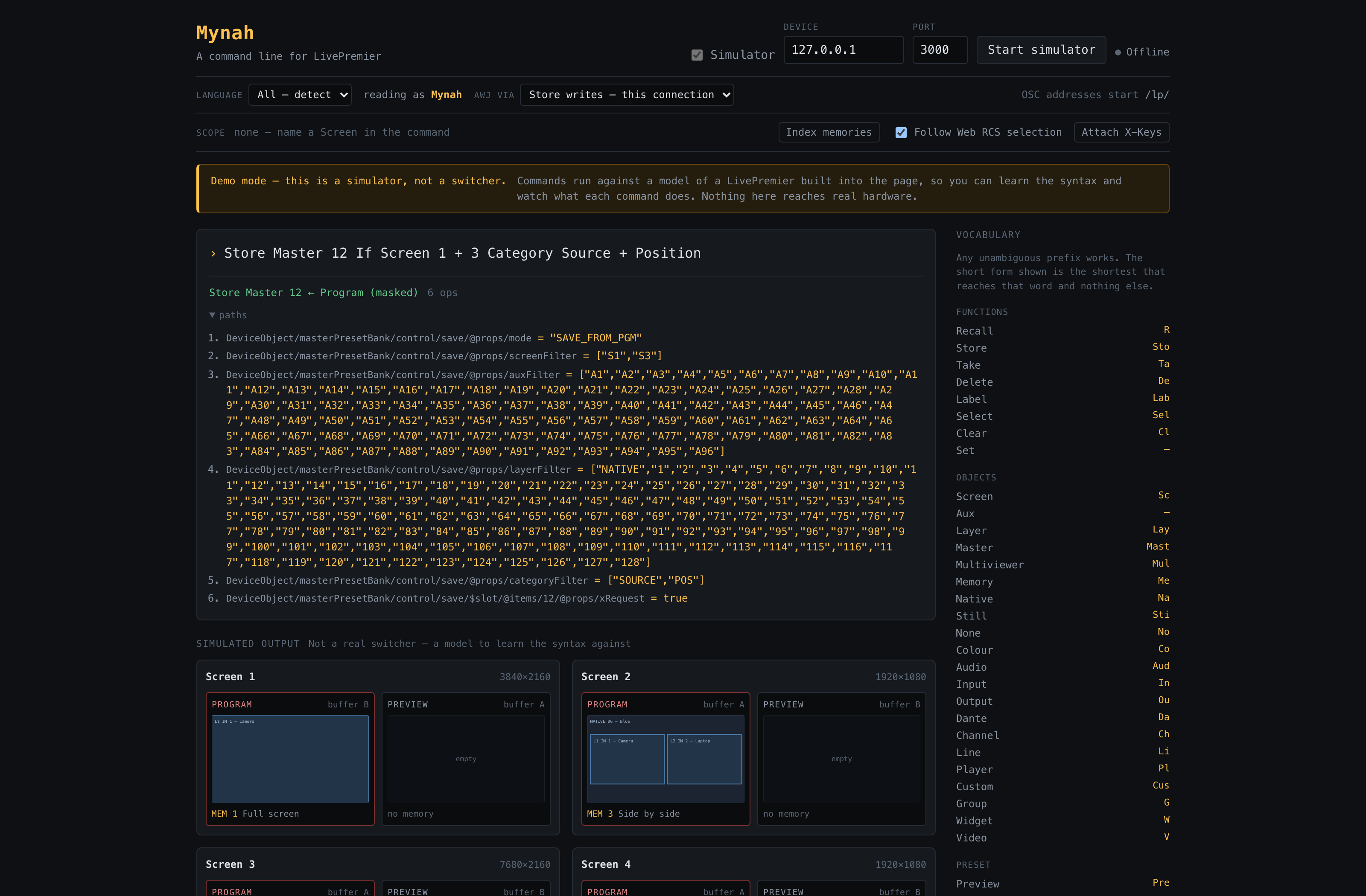 The hosted demo with a masked master store typed and compiled but not sent: one line becomes six ordered writes, the record mask narrowed to two screens and …