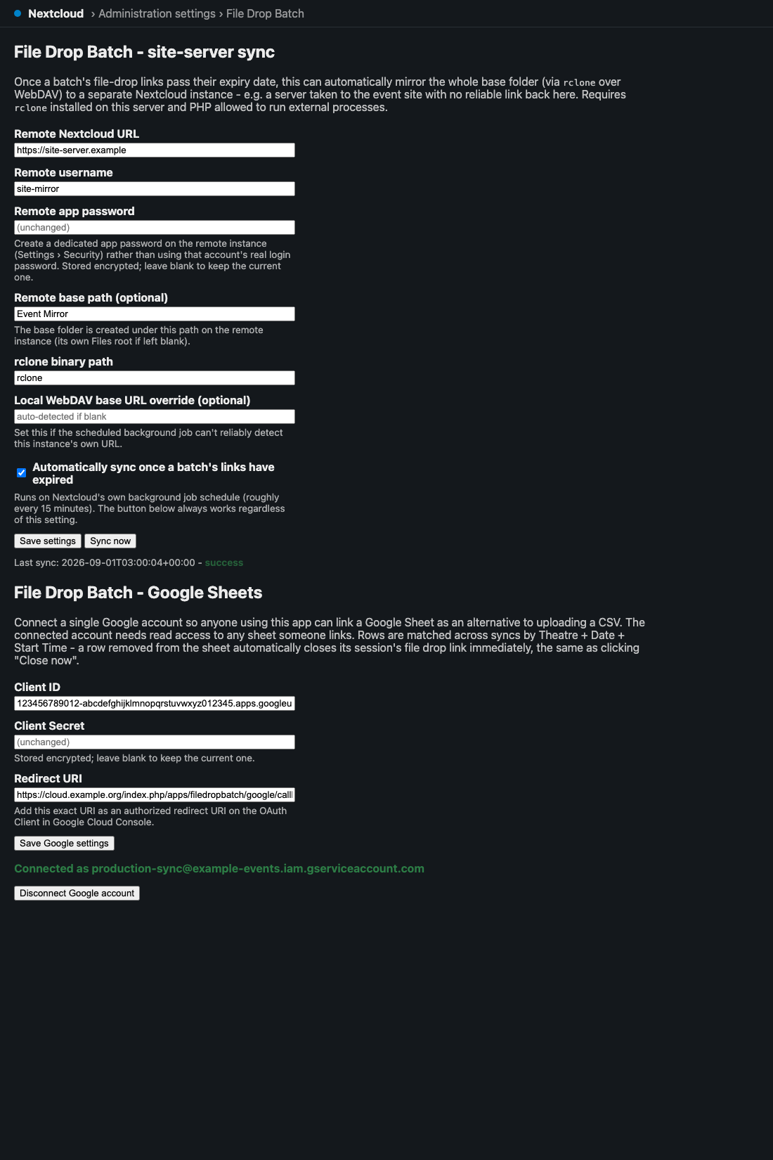 The app’s page in Nextcloud’s Administration settings: the site-server sync fields — remote URL, credentials, rclone path and the auto-sync toggle — above the Google Sheets OAuth section.