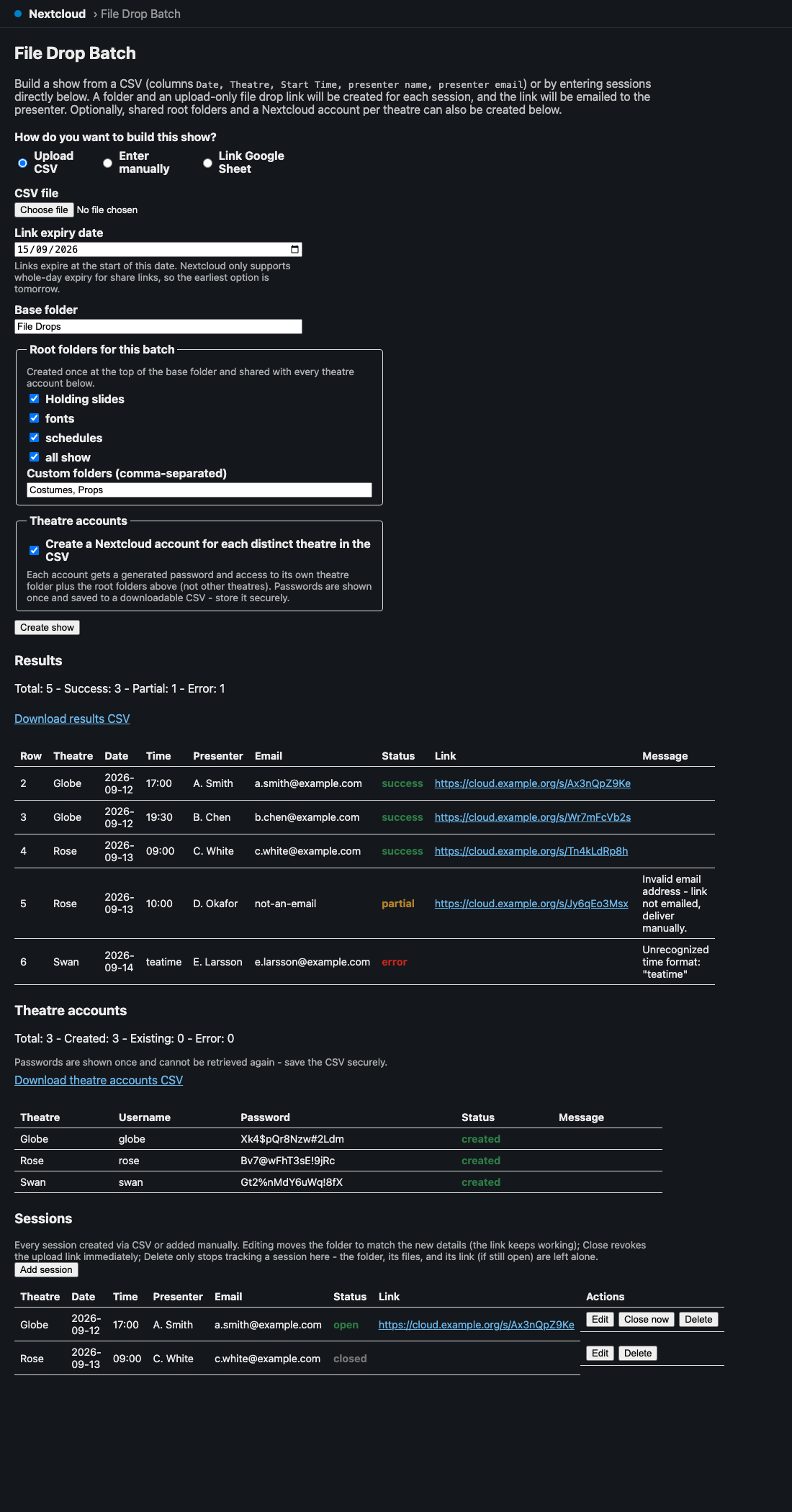 The File Drop Batch page in Nextcloud: the build-a-show form at the top, then the per-row results table, the theatre-accounts table, and the session list underneath.