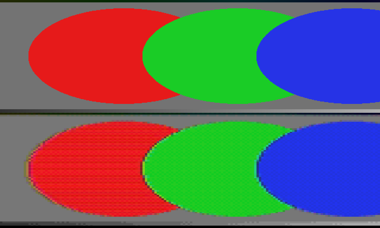 The harness test card’s discs, straight (top) and through HAM6 over the sixteen grey registers (bottom): colour smears in from the left of every edge, one gun a pixel