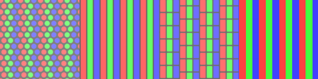 The four mask patterns: shadow mask, aperture grille, slot mask, RGB stripe.