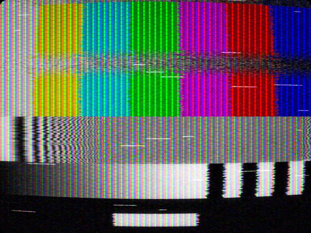 VHS EP: tracking band, dropouts, head-switch tear, and colour arriving late.