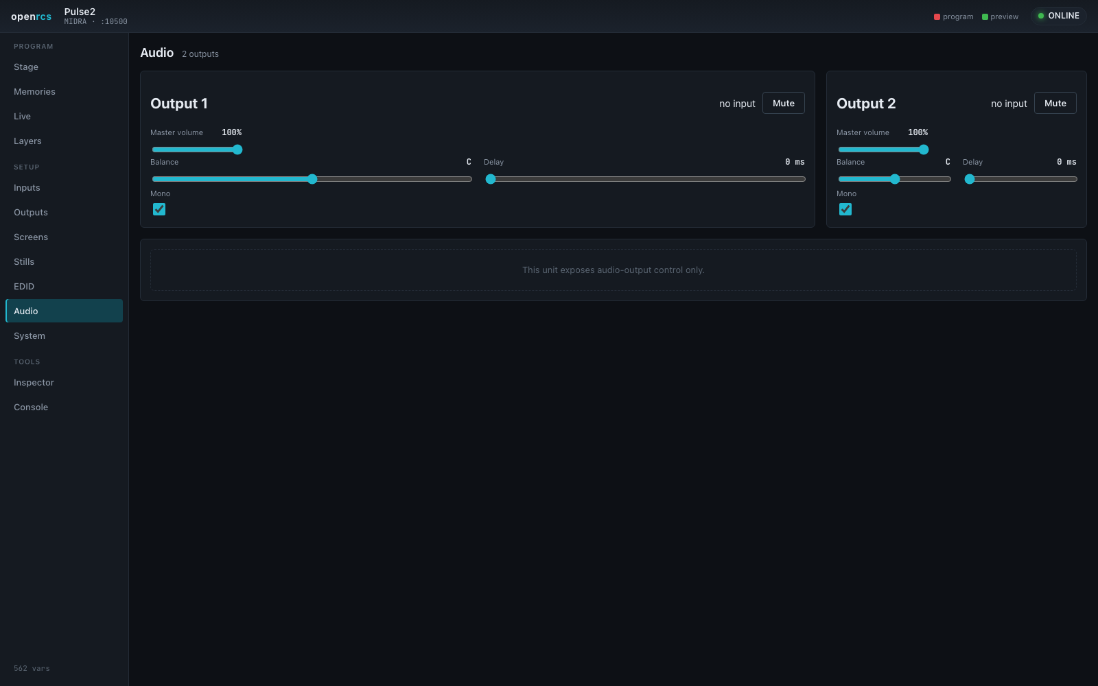 Audio — per-output volume, balance, delay and mute (a Midra unit here)