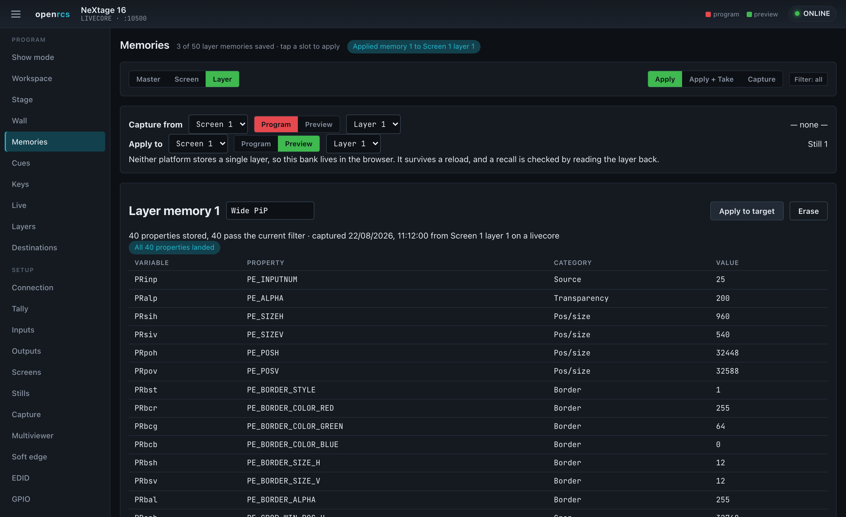The layer bank — one layer’s whole property set, ready to drop onto another