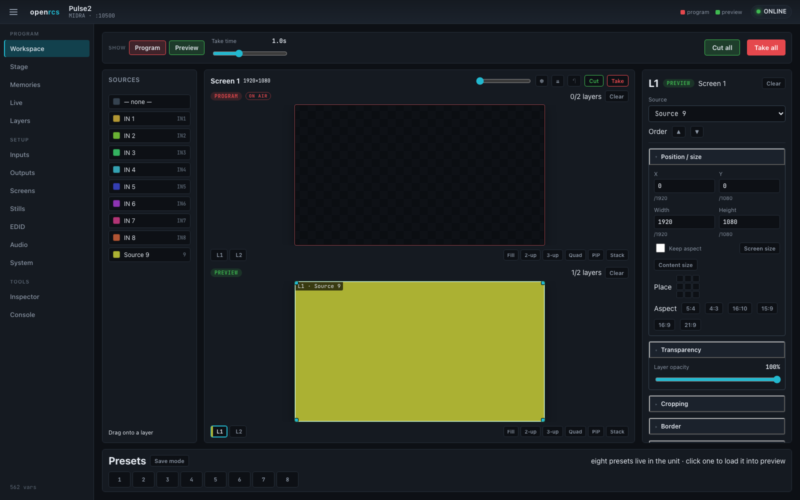 openrcs driving a Pulse2 (Midra) — the nav shows only the views this unit supports, and Live offers a per-screen Freeze instead of a master fade