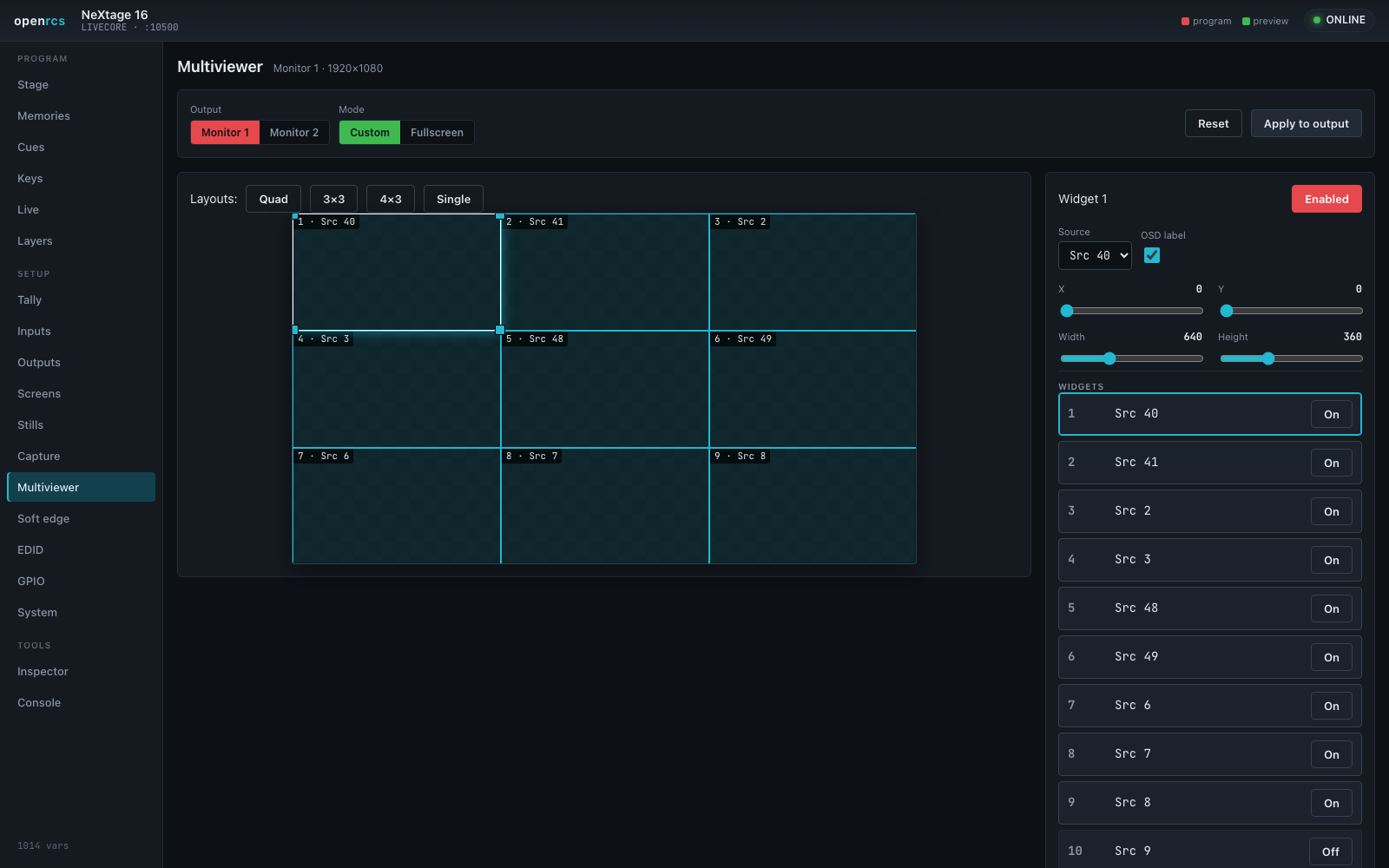 The multiviewer designer — drag widgets onto the monitoring output and store layout memories