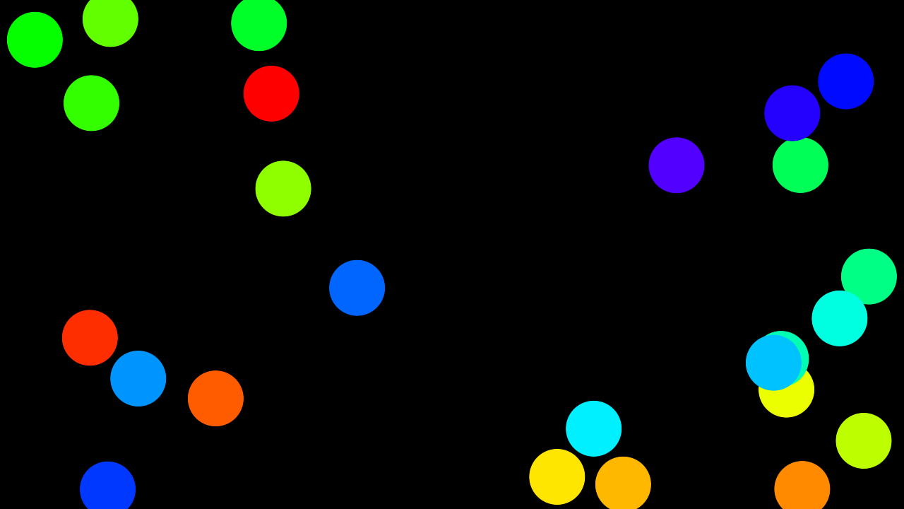 Shapes on a Lissajous path, hue spread across the set