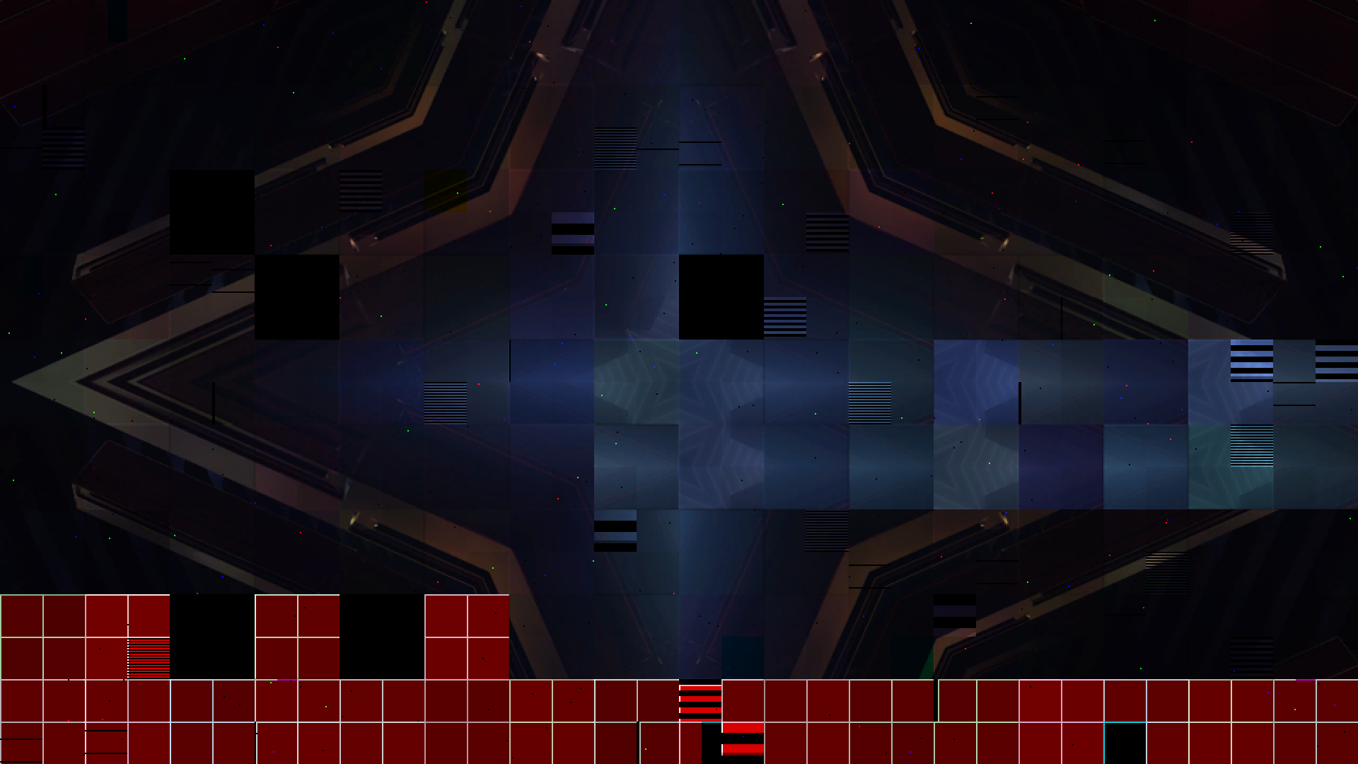 A kaleidoscope clip on a failing LED wall: cabinets a shade off in brightness and colour, dark seams, zebra-striped modules, dead cabinets, three bright tiles from the centre repeated along the cable’s snake, and the bottom rows downstream of a cable break showing the receiving cards’ red test pattern