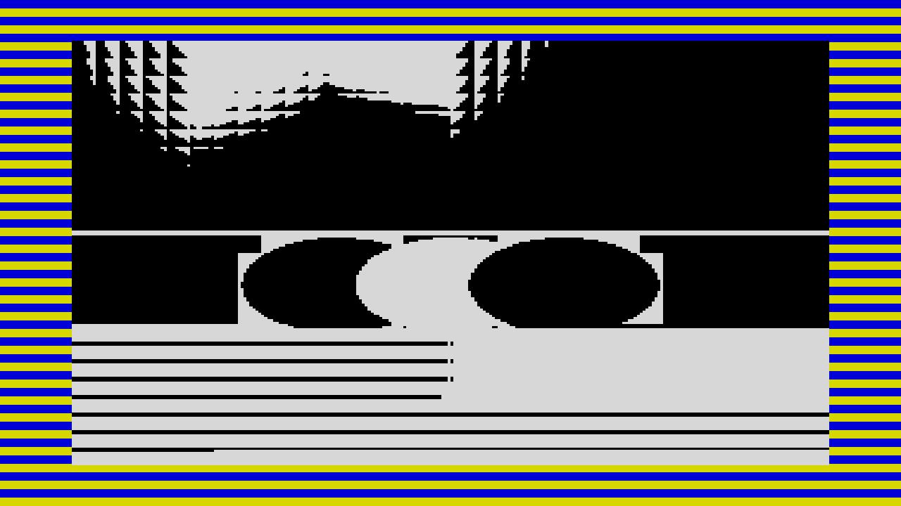 A ZX Spectrum tape load in progress: two thirds of a monochrome picture on screen, the last third arriving in an eight-line interleave, framed by yellow and blue border stripes