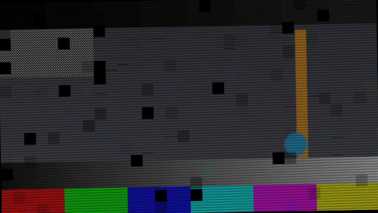 A test card on an LED wall photographed through a rolling-shutter camera: fine coloured moiré, horizontal scan bands, and cabinets that are dead, dim or missing a row