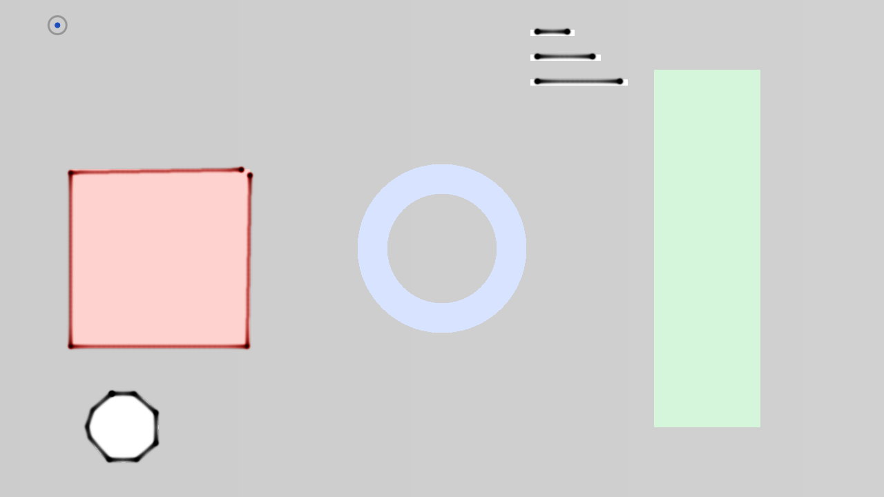 The test card drawn by the plotter: a red square with heavy corners, a black octagon, three black dashes, and the pen carriage parked top left