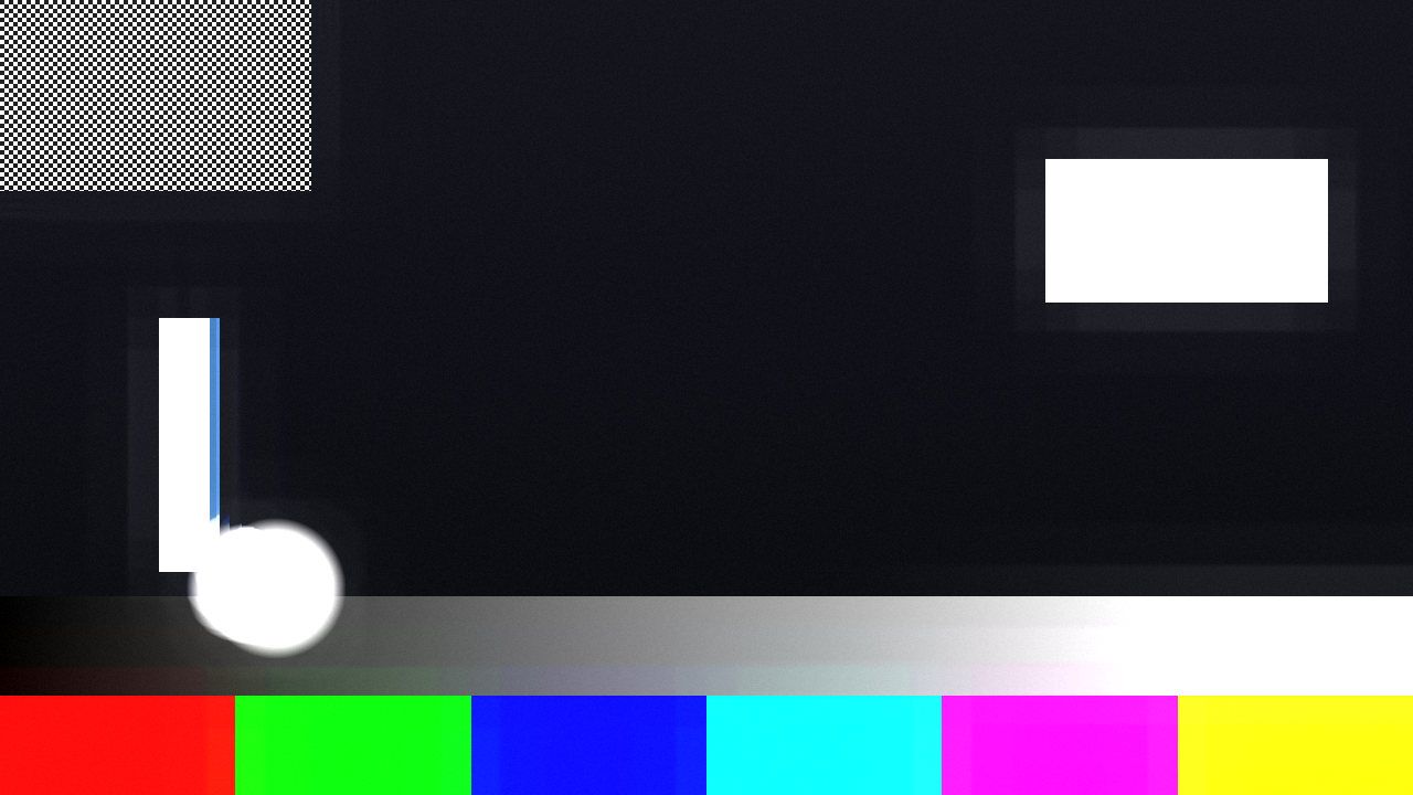 A test card through the plugin: a bright disc dragging a comet tail, a blocked-up white plate with a burn shadow around it, and a blown highlight on the ramp