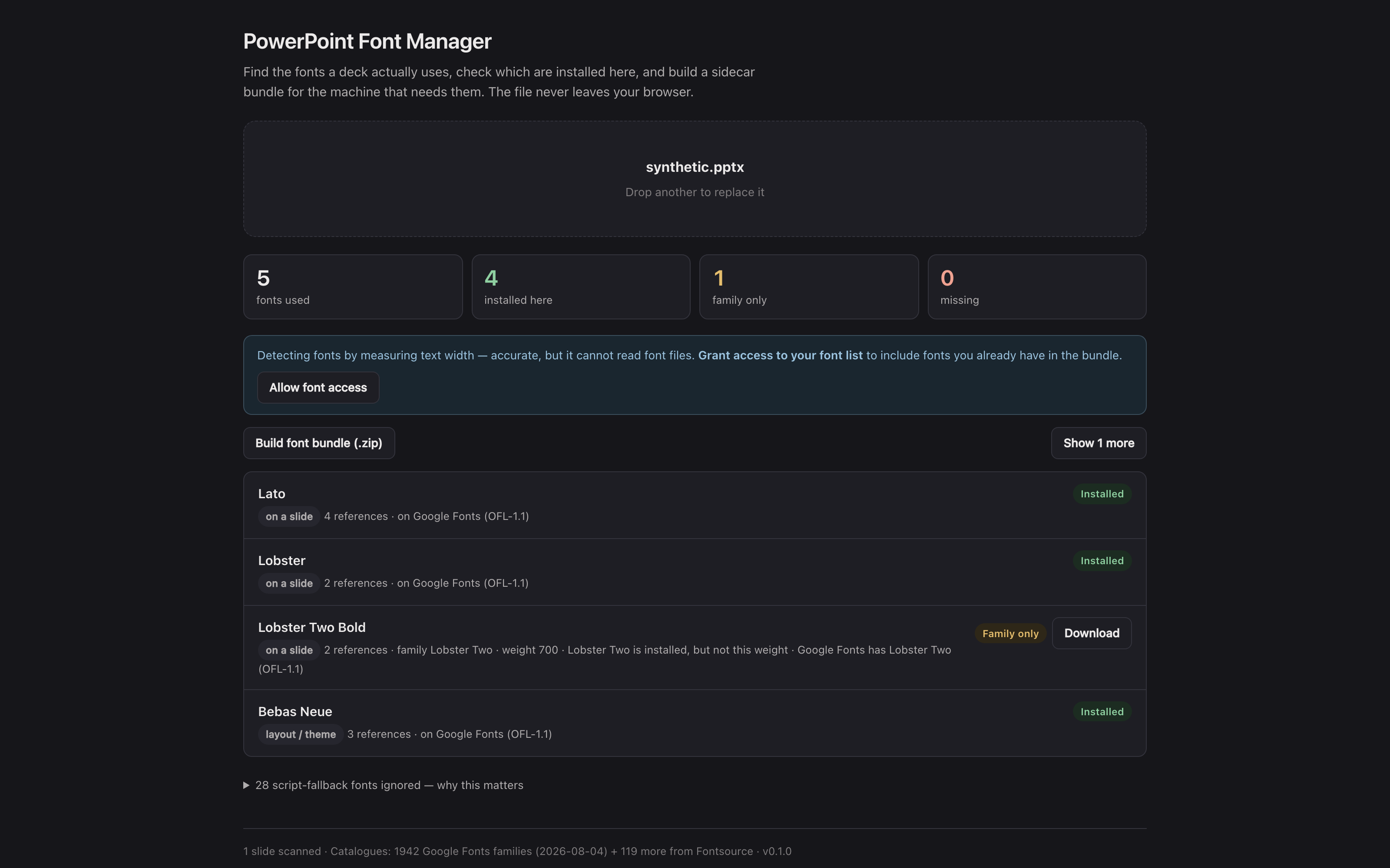 The hosted tool with the repo’s synthetic test deck loaded: five fonts found, four installed on the machine that took the picture, one family present but not…