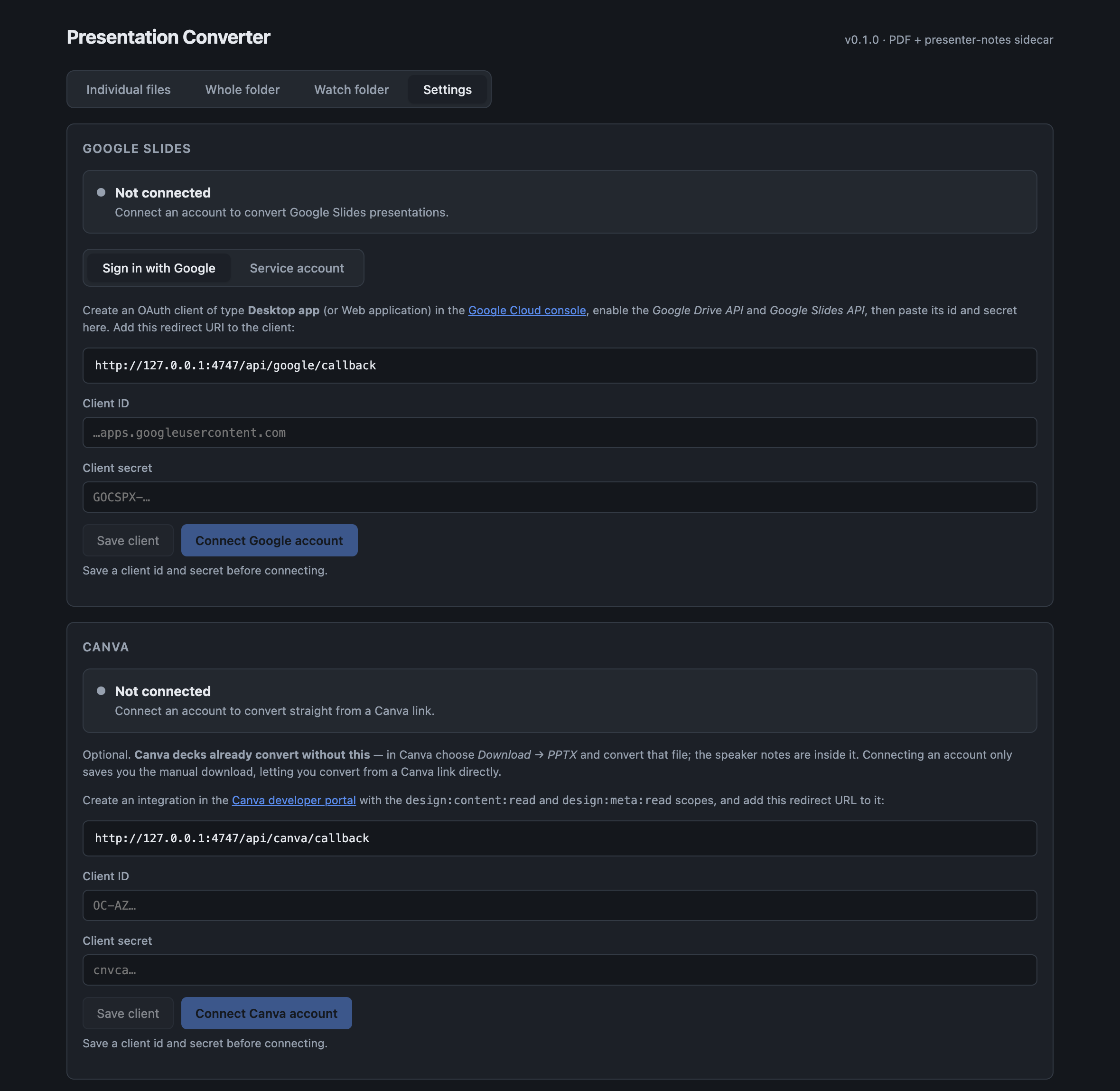 The Settings tab: Google Slides with sign-in or service-account options, and Canva with its client credentials and redirect URL.