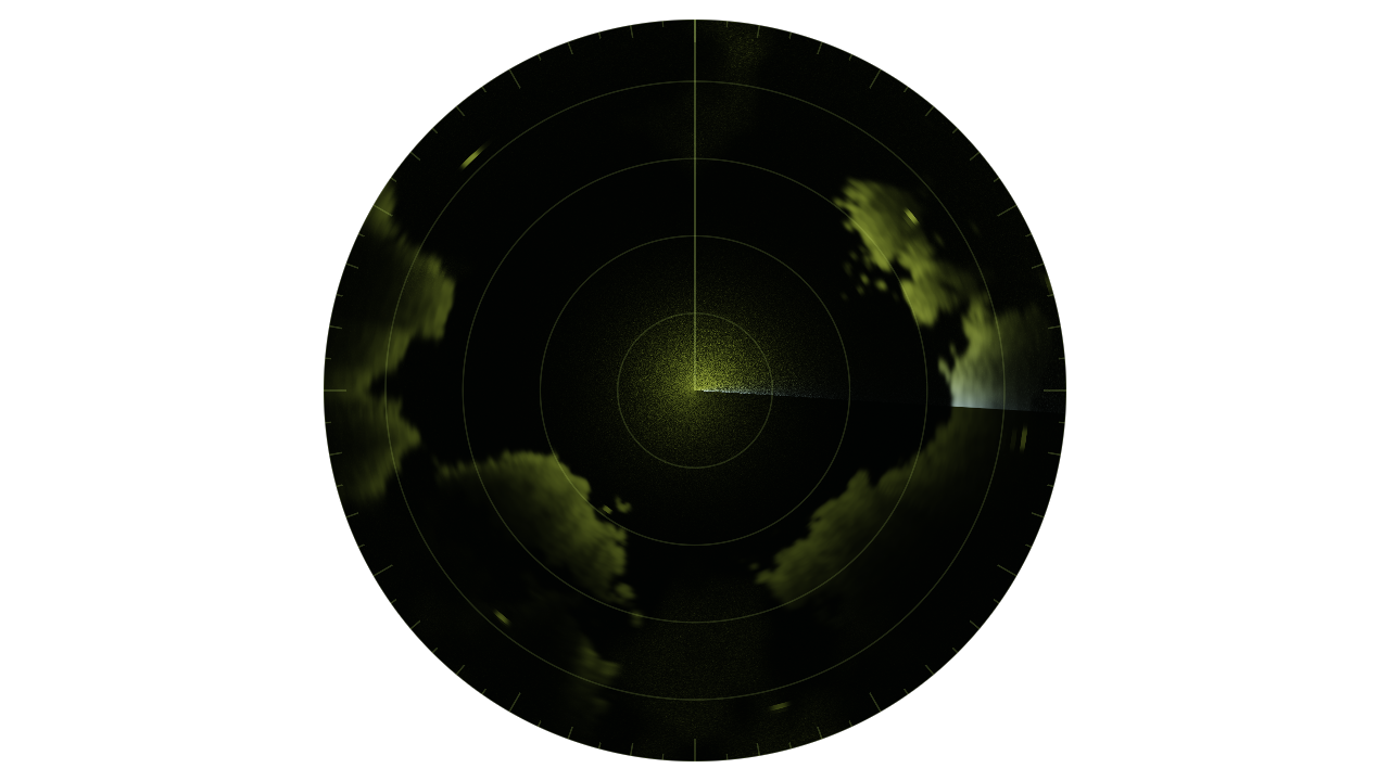 A PPI scope: a bay open to the north, coasts bright where they face the radar, shadowed behind, clutter at the centre, contacts as short arcs, the sweep just past east