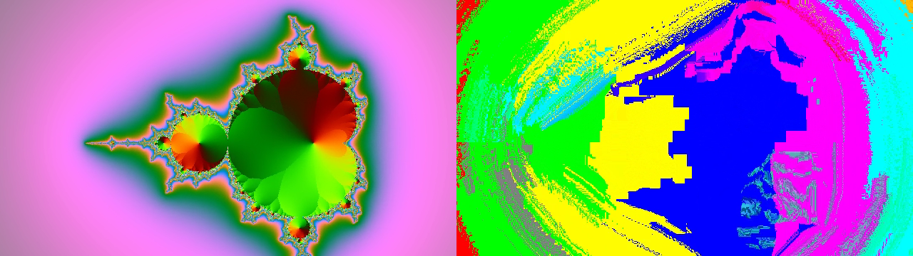 A zooming fractal on the left; on the right the same frame through the plugin, fifty frames after a cut from colour bars under Drop I = All and Residual Gain 0: the bars smeared outward along the zoom