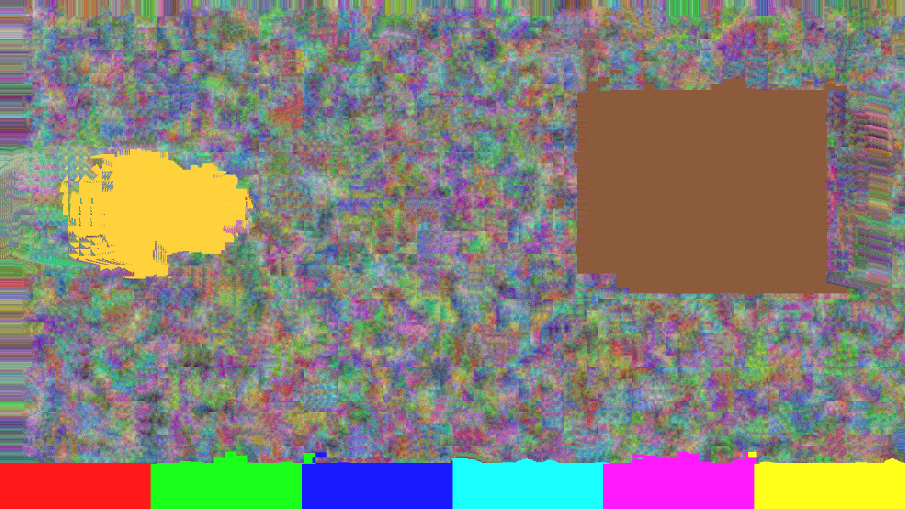 Sixteen frames after a hard cut with Drop I on All and Residual Gain at zero: the old scene’s texture and its yellow disc, block-copied along by the new scene’s motion vectors