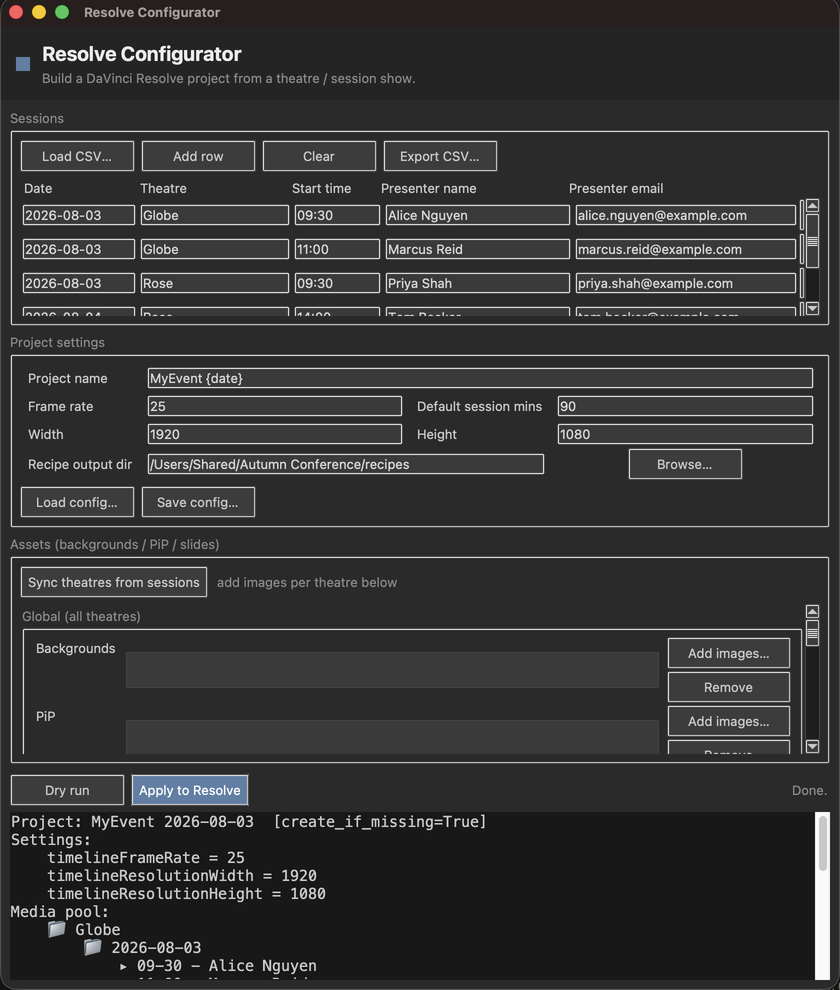 Dry-run output: the project name with create_if_missing, the settings that will be applied, and the media-pool tree it intends to build.