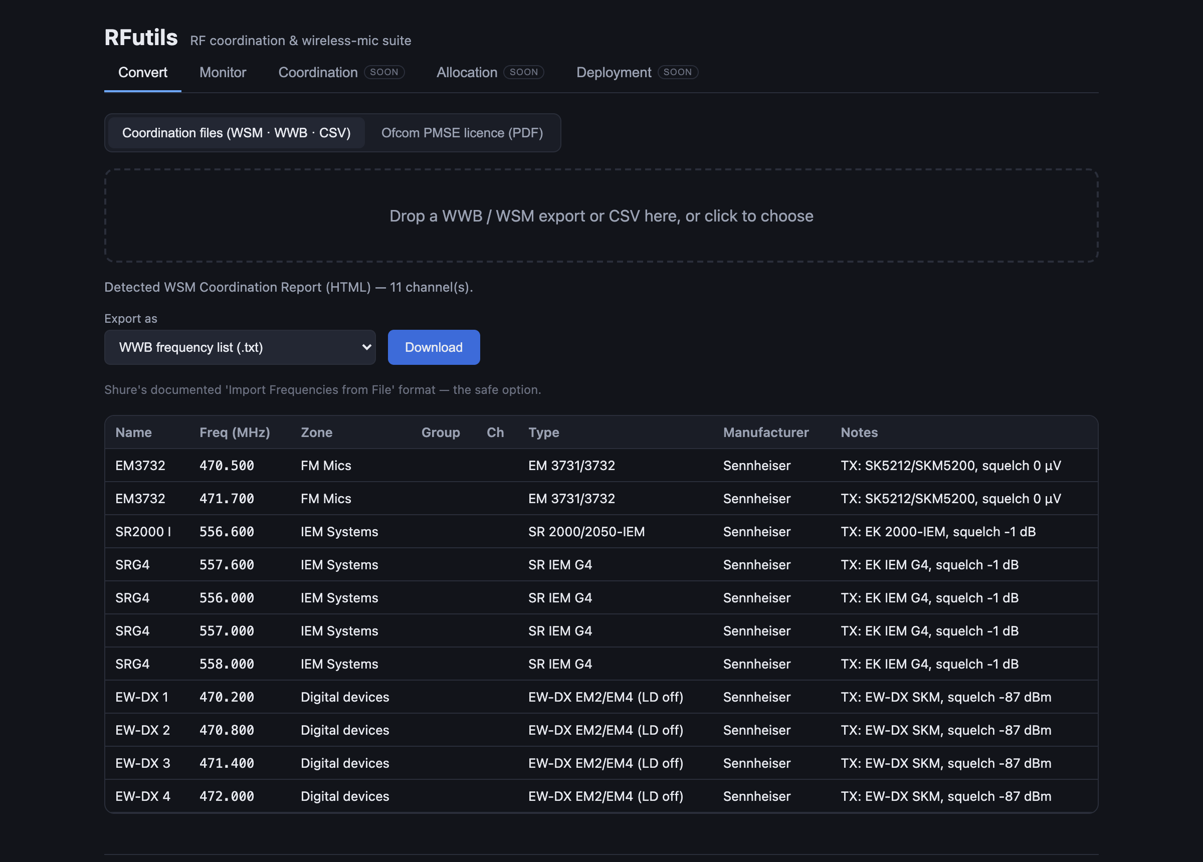 The Convert tab with a coordination file loaded.