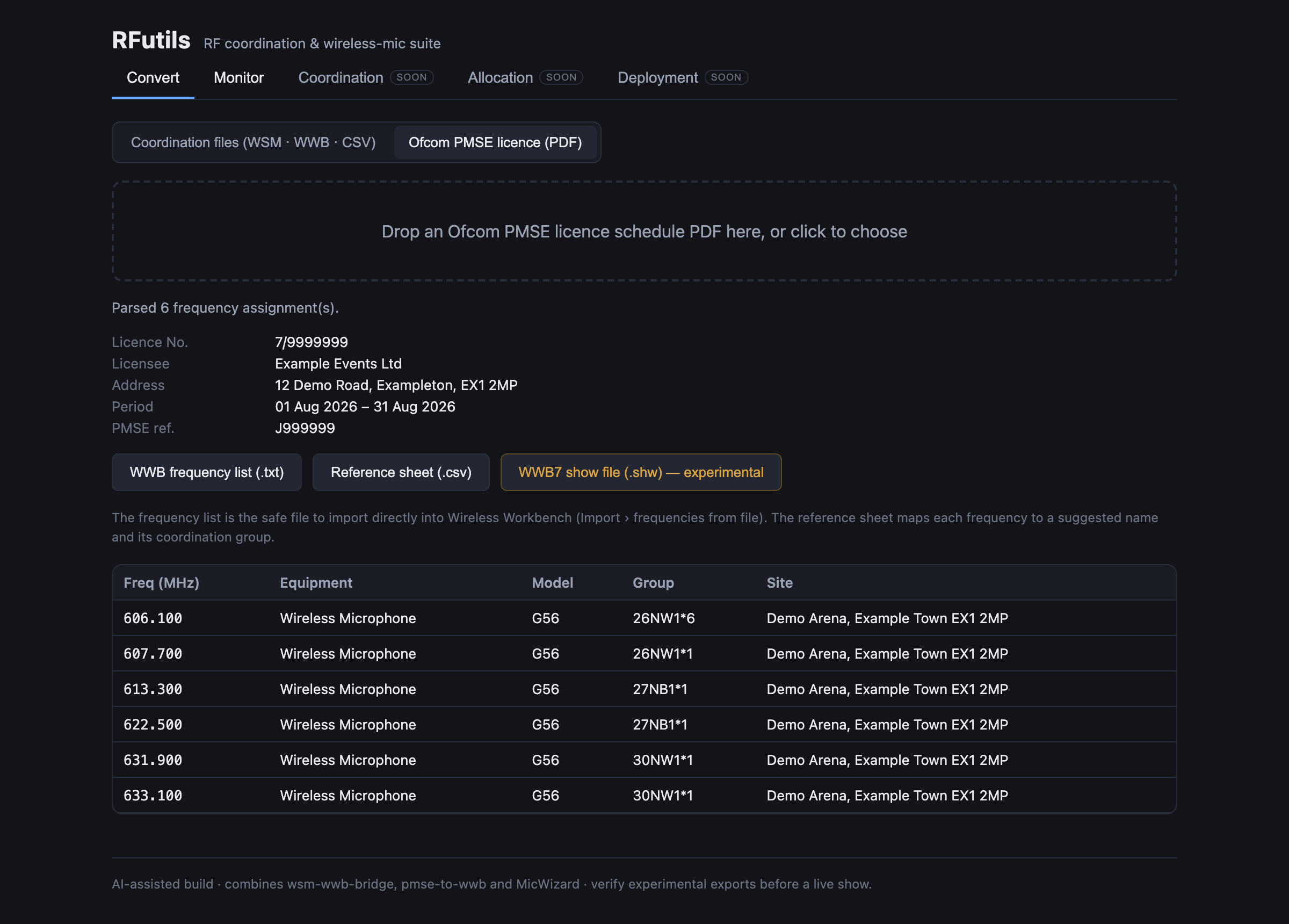 The PMSE licence converter, with the parsed assignments from a licence schedule.