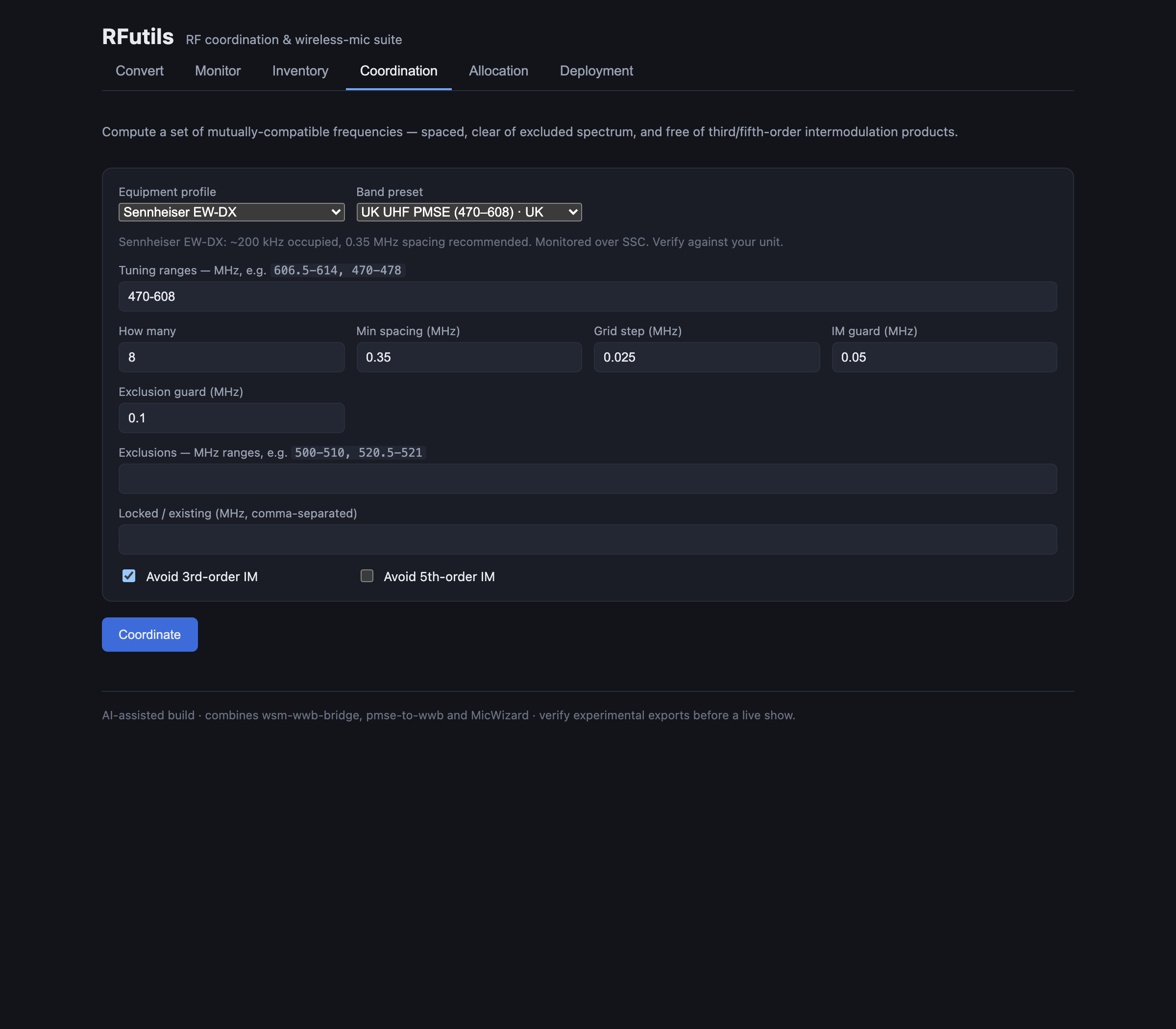 The Coordination tab: equipment profile, band preset, tuning ranges, spacing and guard settings, and the IM order checkboxes.