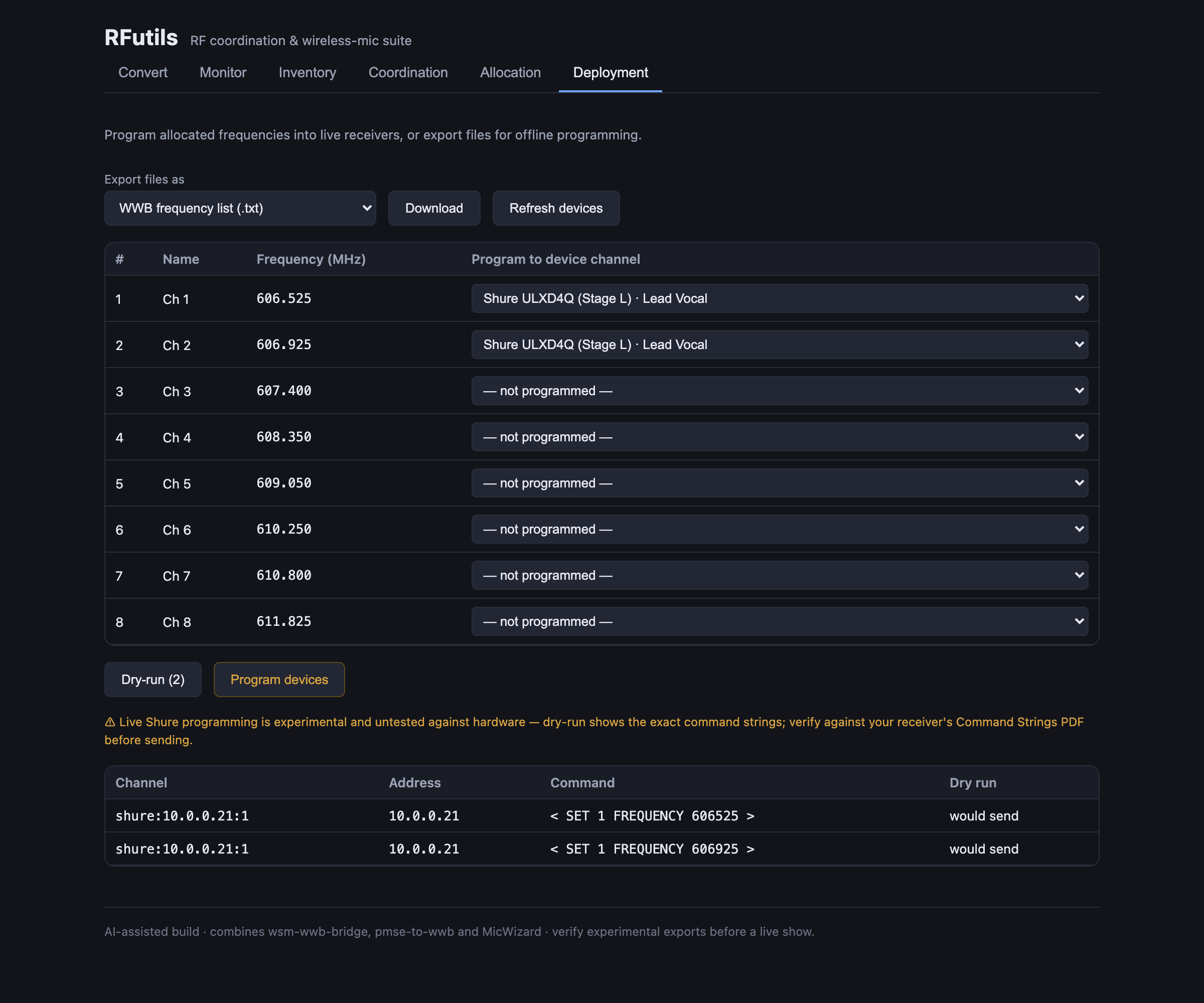 The Deployment tab: allocated frequencies mapped to device channels, with the dry-run output showing the exact command strings that would be sent.