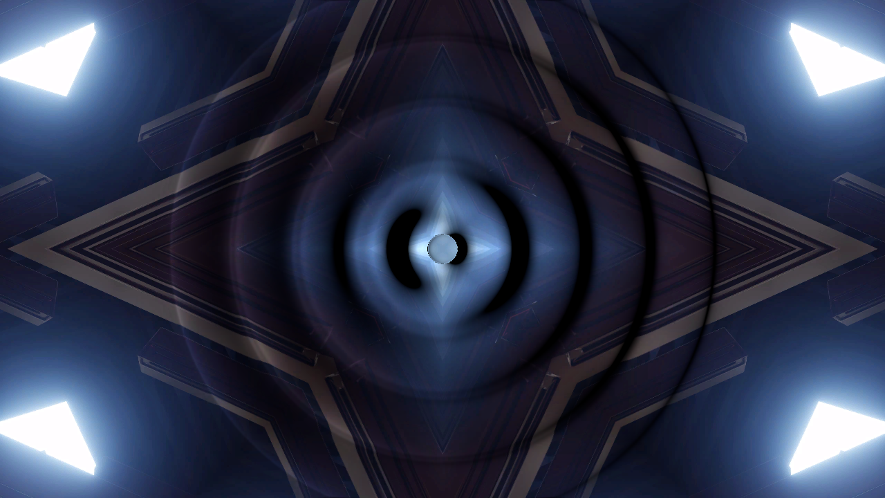 Concentric rings spreading from the middle of a blue kaleidoscopic clip: each ring is a band of light on one side and shadow on the other, the clip’s lines bend where the rings cross them, and the newest ring is a bright knot at the centre