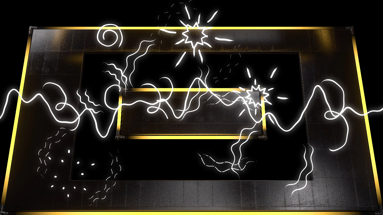 White hand-drawn doodles over a dark, gold-edged stage from Resolume’s demo clips: a wobbly line across the middle, two jagged impact stars with spikes, a spiral, curls and wavy sound marks, some breaking into dashes