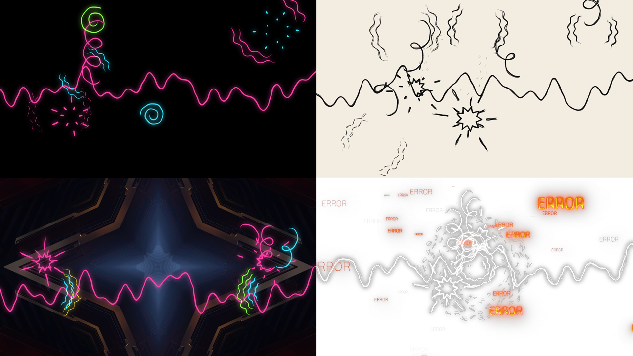 Four frames: neon doodles on black; black ink doodles on cream paper; neon doodles from two speaker positions over a blue kaleidoscope clip; white doubled, sketchy doodles over red ERROR text