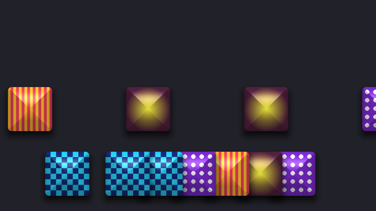 Rounded squares each carrying a random cell of a four-cell sprite sheet, on two lanes, with drop shadows