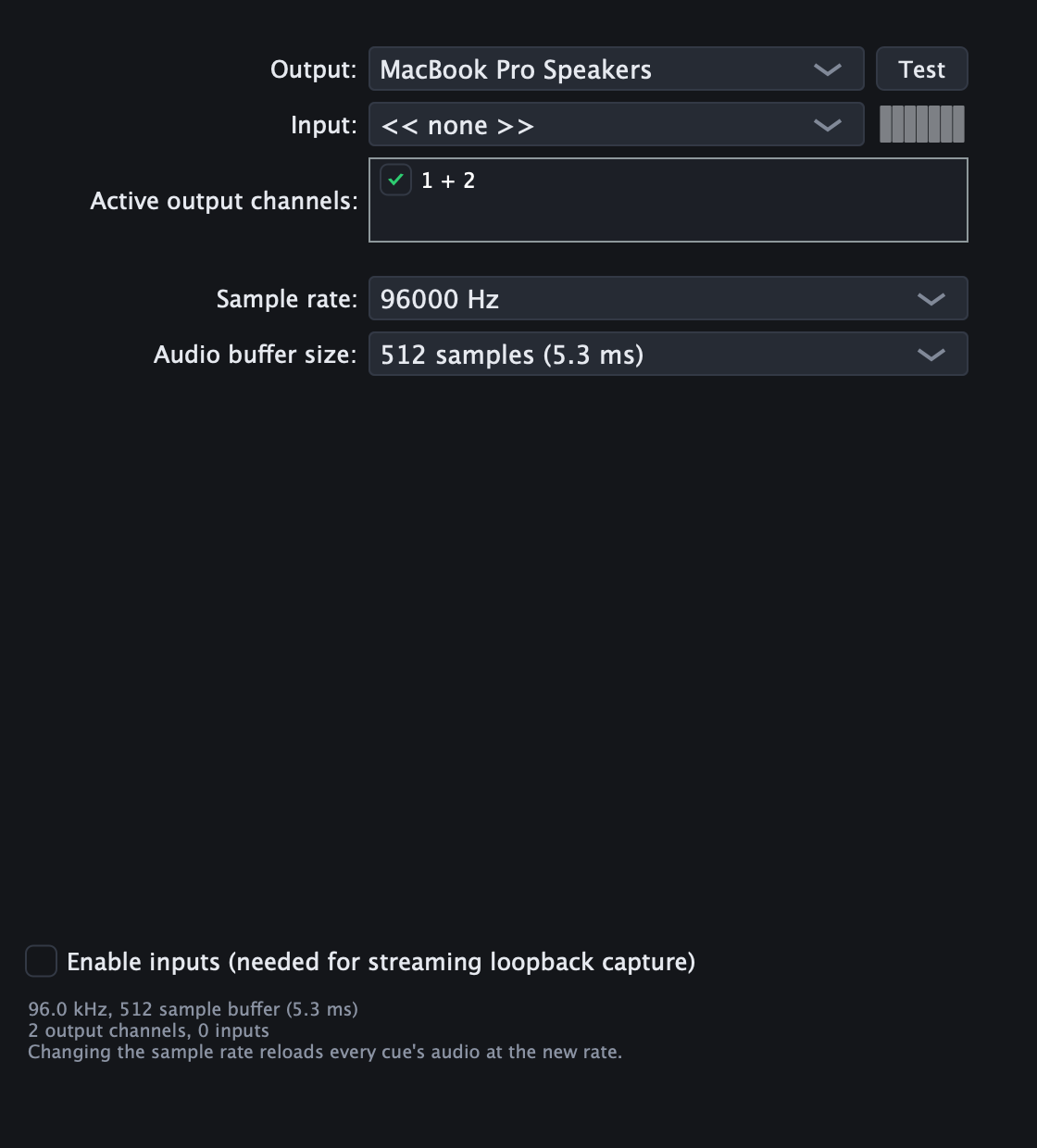 The audio setup panel: device, sample rate and buffer size, with the output channel list.