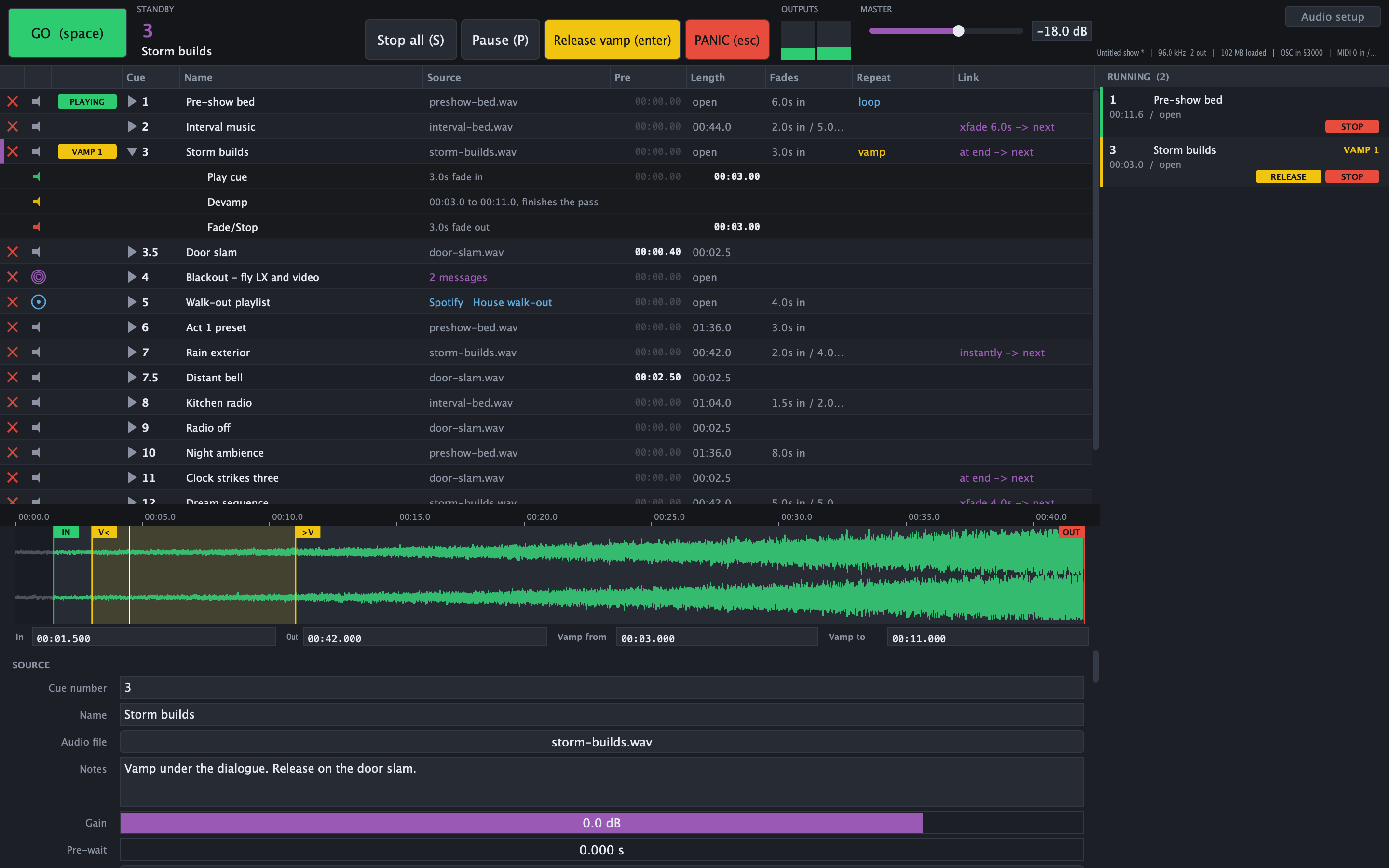 The SimpleCue window: GO and the standby cue top left, the cue list in the middle, what is currently sounding on the right, and the waveform with in/out and vamp markers underneath.