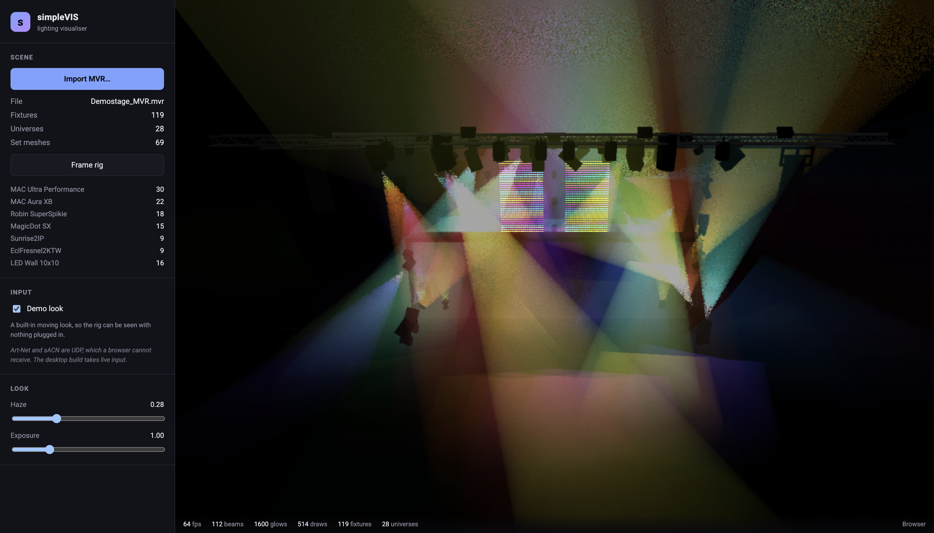 simpleVIS: an imported rig in volumetric haze, with the camera flown round it.