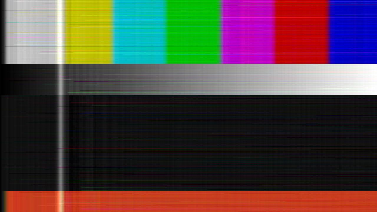 A test card through the coder with bit errors: colour bars whose left edges smear rightwards into ramps, a grey ramp, and streaks that fade to the right where a received bit was wrong