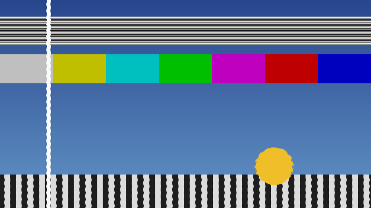 A test card through a 625/50 to 525/59.94 conversion: a moving white bar shown twice at half strength, a moving disc with combed edges, fine horizontal lines turned into a soft beat pattern