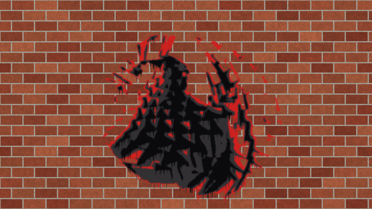 Resolume’s demo clip Metalive 01 as a three-layer stencil on a brick wall: a tumbling mass of golden plates cut into cream, red and black, the black split by thin bridges, paint dripping from its lower edges
