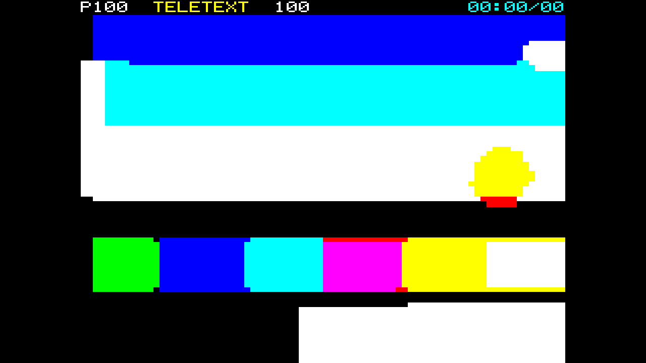 The test card as a teletext page: a header row with a page number and a running clock, a sky in solid blue over cyan and white, a row of six colour patches each separated by a black column, and a grey ramp reduced to black and white blocks
