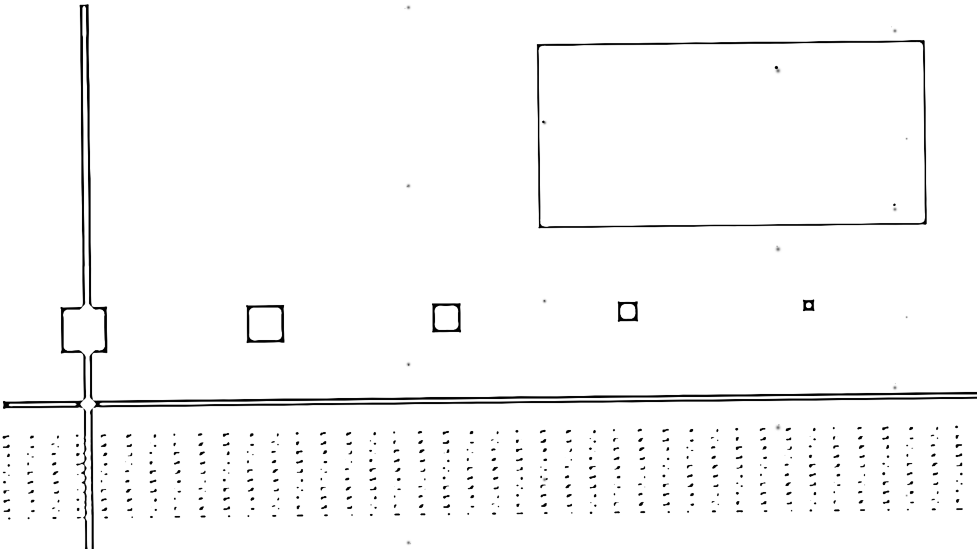 The test card through four generations with the developer electrode turned down: every solid has gone hollow, a rim of toner round a paper centre, the thick rules have split into double lines, a small square has become a ring, and toner specks repeat down the page