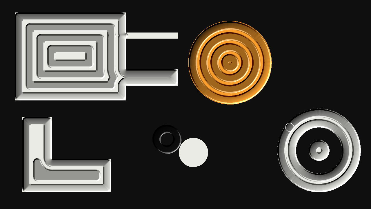 A test card machined as pockets and lit as recesses: a rectangle cut in concentric rectangular passes with ridges of stock between them, the narrower slot off it left uncut, an L, an orange disc and a ring cut in concentric rings, and the tool’s outline at work on the ring