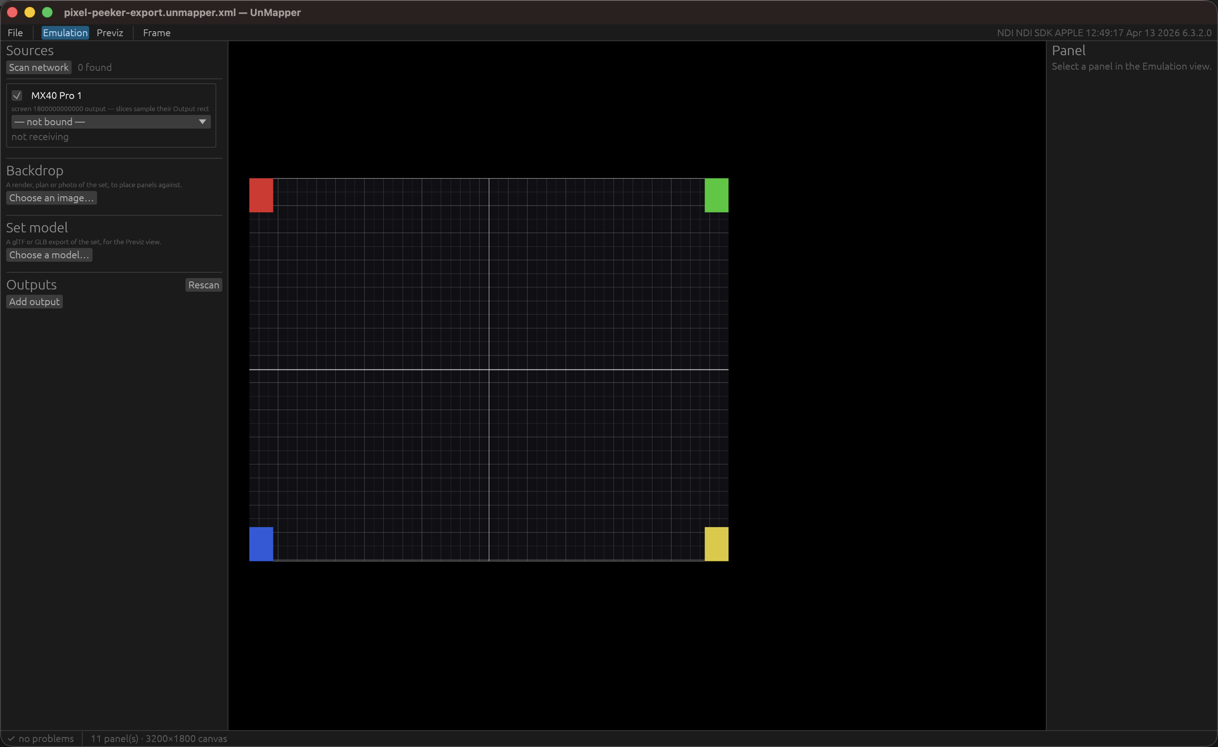 The UnMapper window: sources, backdrop and set-model controls down the left, the emulation canvas in the middle, the panel inspector on the right, and the panel and canvas counts in the status bar.