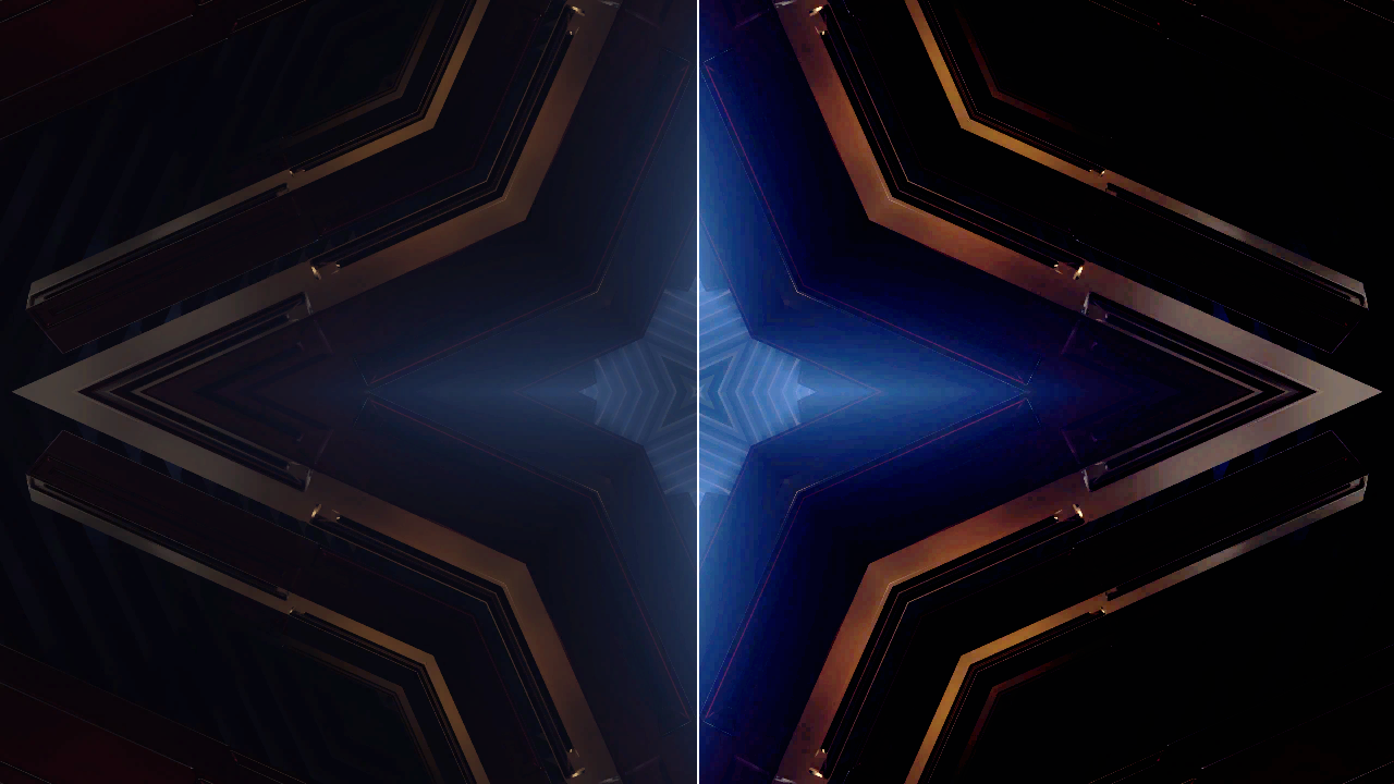 A kaleidoscopic clip, split down the middle: on the left as it is, dark and soft; on the right through the default valves, its shadows crushed to black, its copper edges driven hot and its blue centre saturated