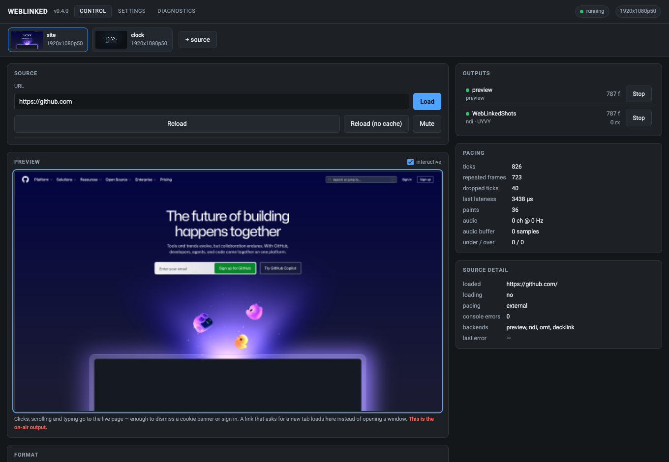 The Control page: source tabs along the top, the URL bar, an interactive preview, and the outputs, pacing and source detail panels down the right.